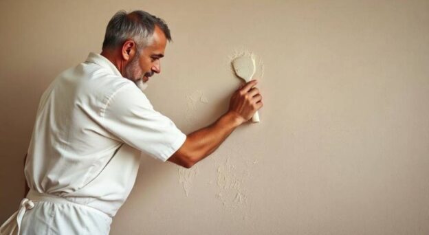 мастер наносит декоративную штукатурку на стену своими руками